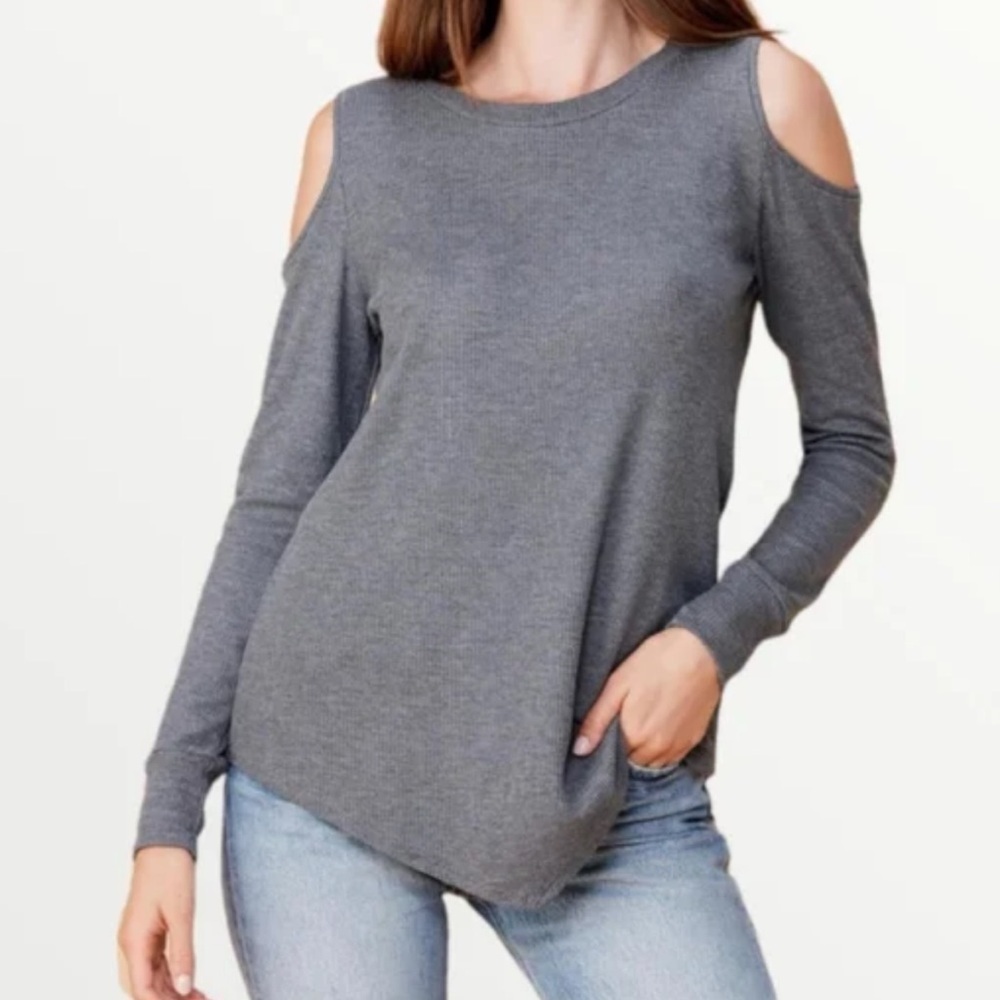 LNA Cold Shoulder Waffle Knit Long Sleeve Crew Neck Pullover Top Solid Gray M
